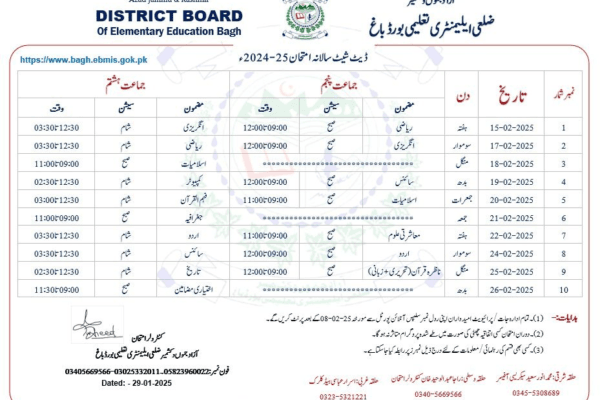 DEEB Bagh 8th & 5th Class Date Sheet 2025