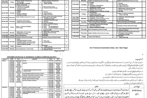 Gujranwala Board Inter Date sheet 2025 1st Annual