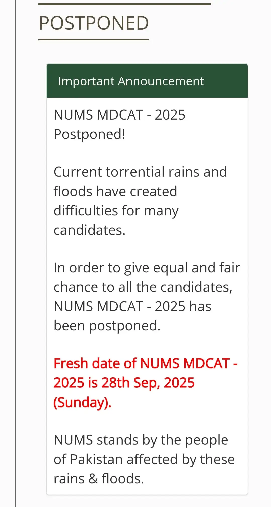 NUMS Postpones MDCAT 2025 to September 28 due to Floods 1 NUMS Postpones MDCAT 2025 to September 28 due to Floods