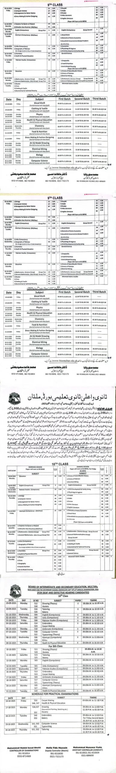 BISE Multan Date Sheet 2025 Matric 2nd Annual