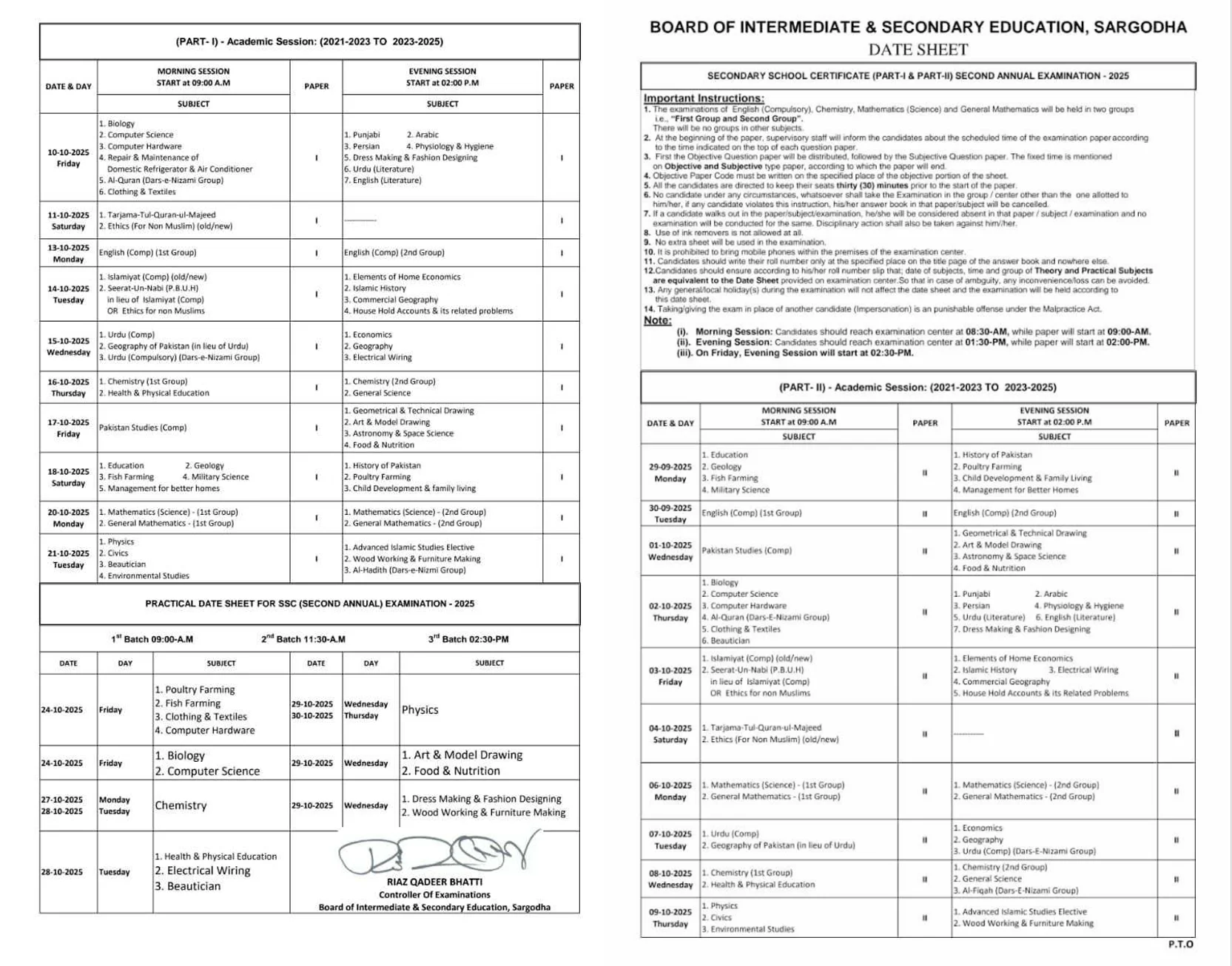 BISE Sargodha 12th Class Date Sheet 2025 2nd Annual 