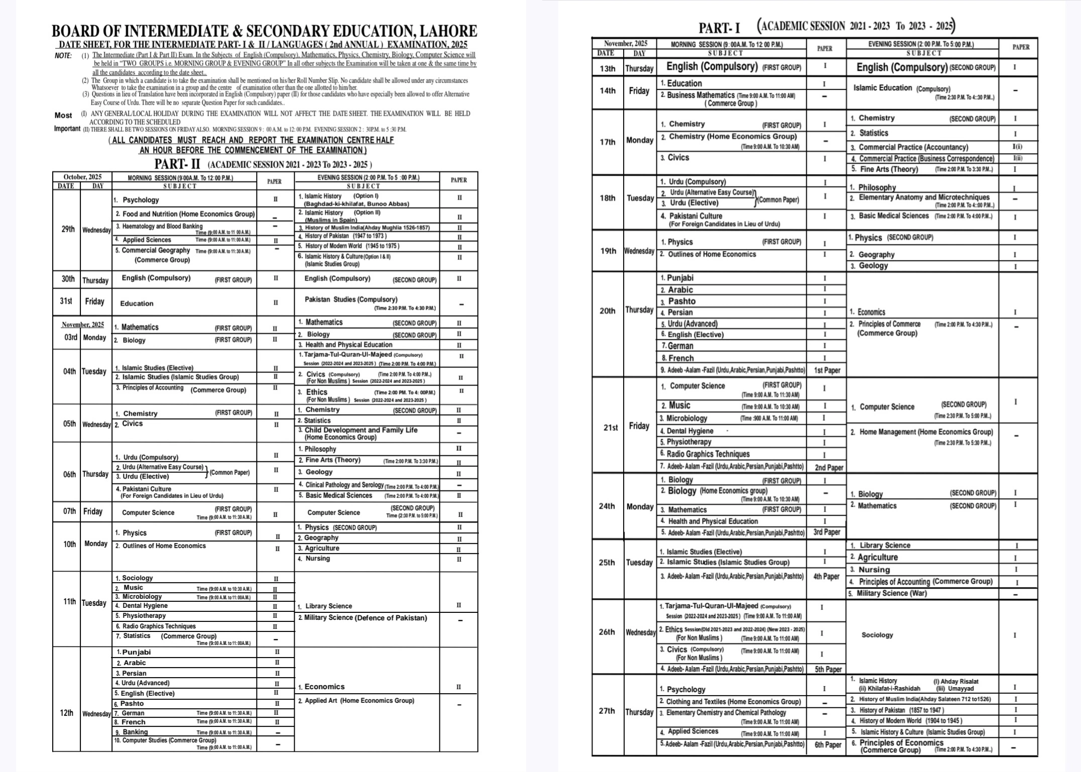 BISE Lahore Inter Date Sheet 2025 2nd Annual