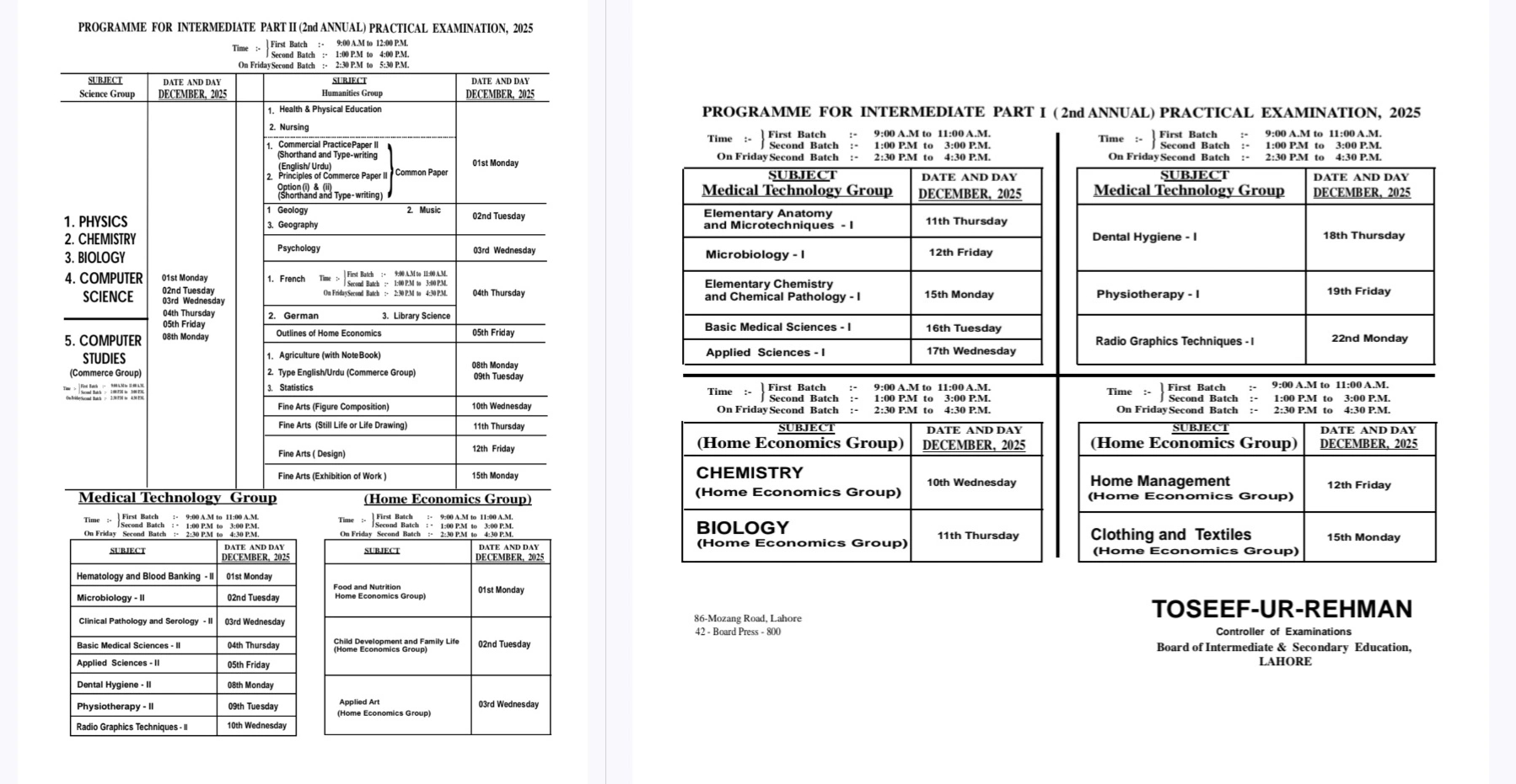BISE Lahore Inter Date Sheet 2025 2nd Annual