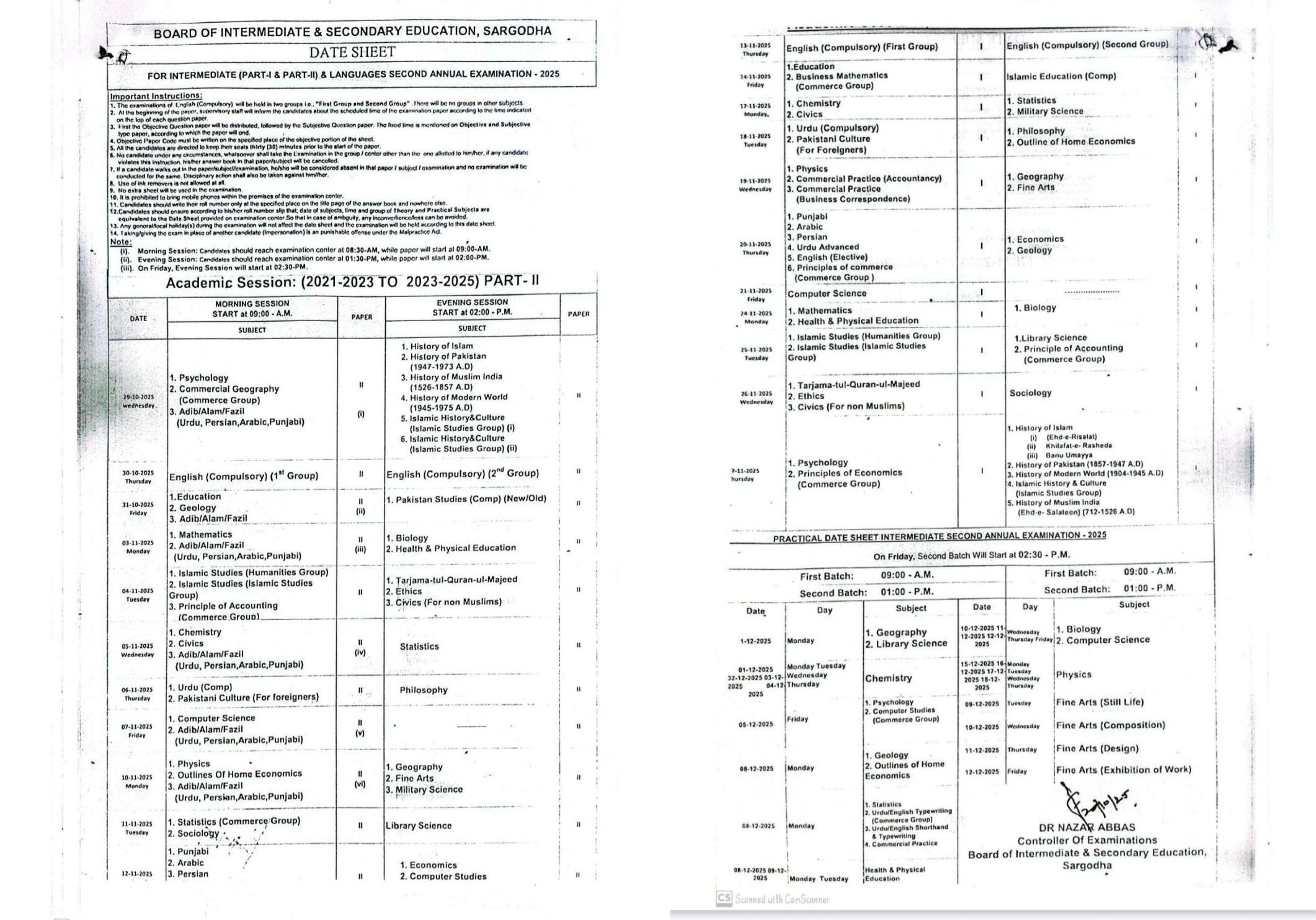 BISE Sargodha Inter Date Sheet 2025 2nd Annual 1 32822