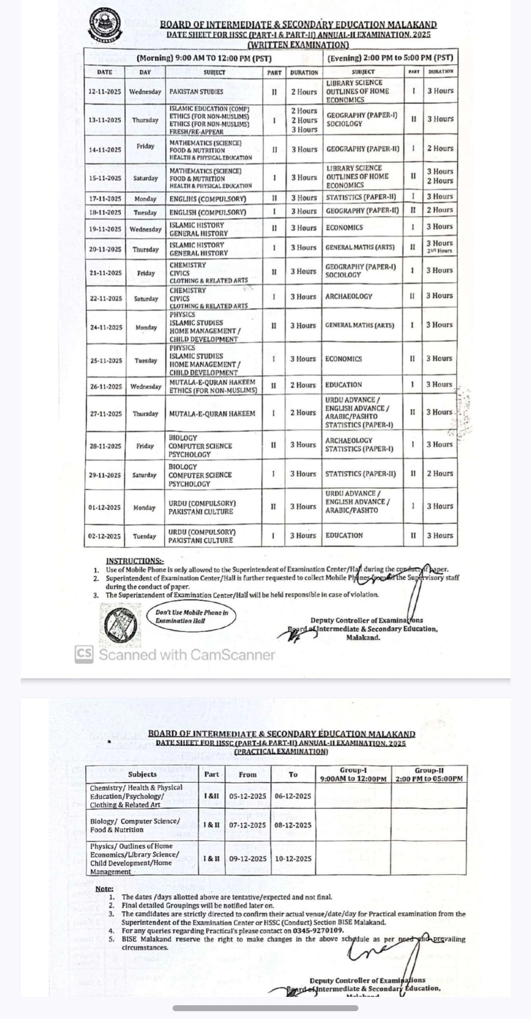 BISE Malakand Inter Date Sheet 2025 2nd Annual 1 34457