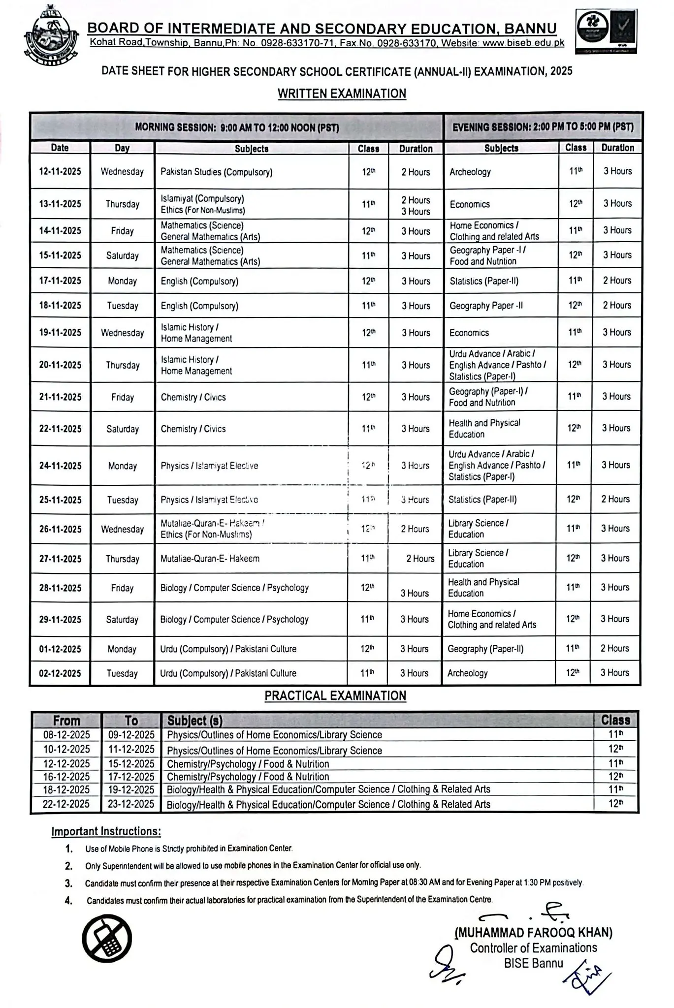 BISE Bannu Inter Date Sheet 2025 2nd Annual 1 34467