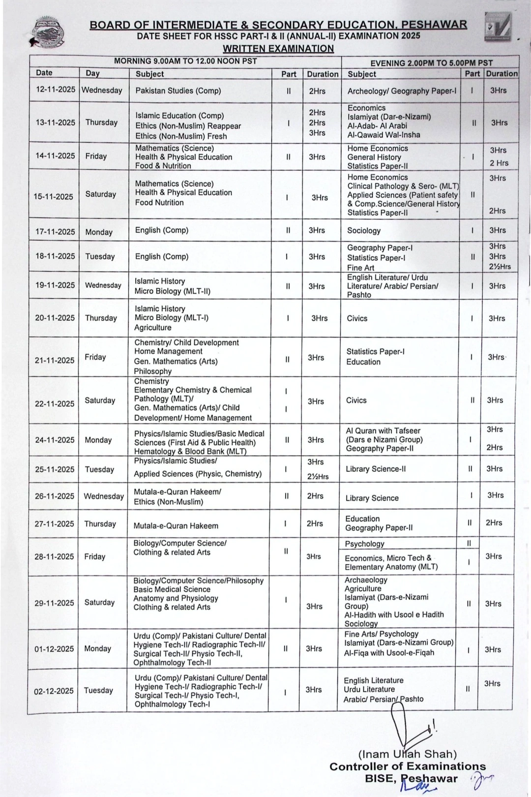 BISE Peshawar Inter Date Sheet 2025 2nd Annual 1 BISE Peshawar Inter Date Sheet 2025 2nd Annual