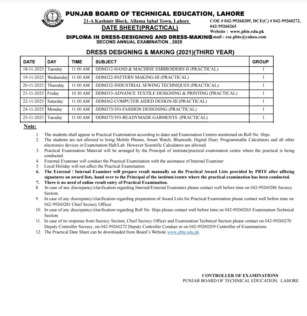 PBTE DDM  2nd Annual Practical Exams Date Sheet 3rd Year