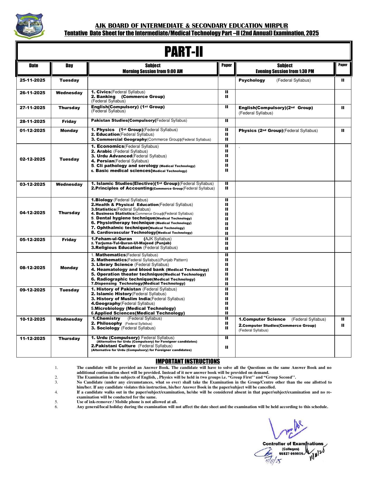 BISE AJK Inter Date Sheet 2025 2nd Annual
