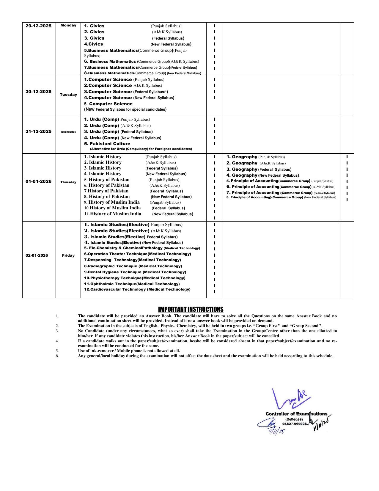 BISE AJK Inter Date Sheet 2025 2nd Annual