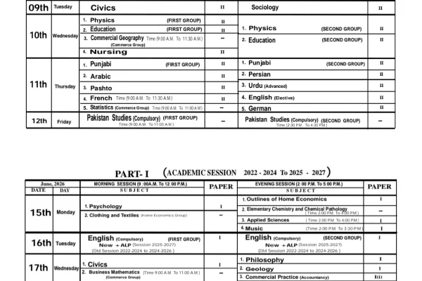 BISE Lahore Inter Date Sheet 2026 (11th & 12th Class)